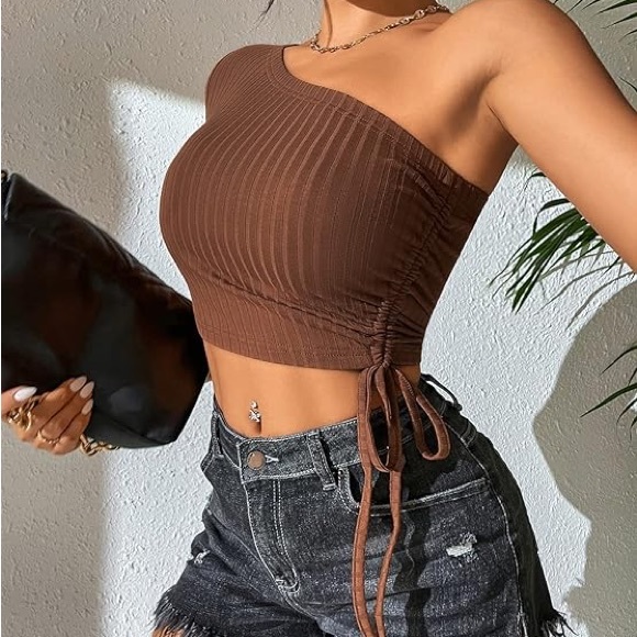 Women's One-Shoulder Crop Tops Rib Knit - Picture 5 of 5